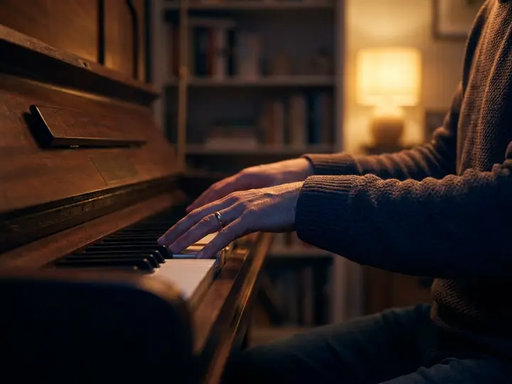 An adult sitting at a home piano with good posture, both hands resting in position on the keys.