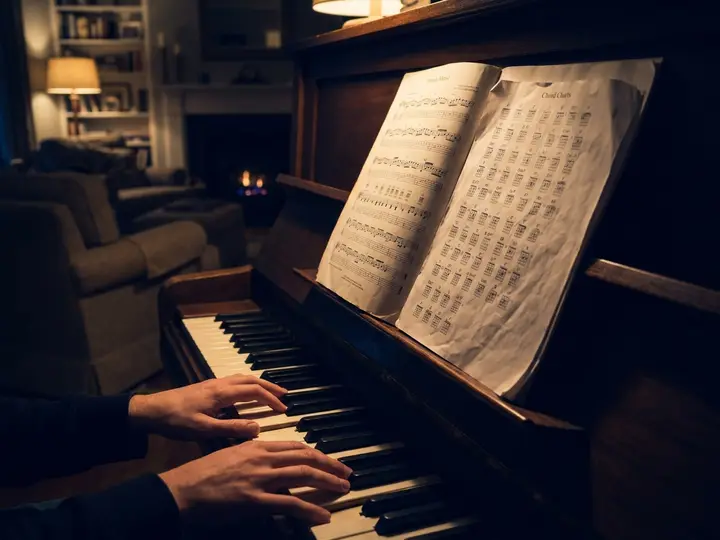 Sheet music and chord charts resting on the music stand above a home piano keyboard.