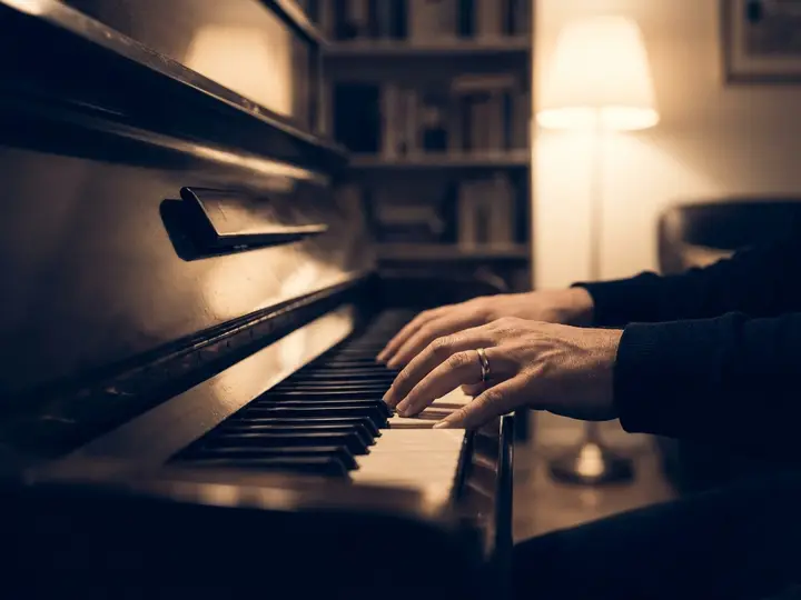 Two hands playing a home piano together, melody and chords at the same time.