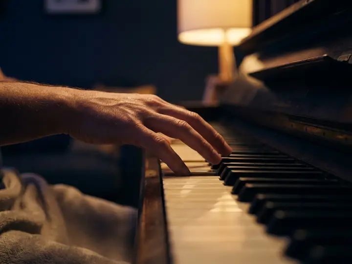 Close-up of a hand playing a scale across the white and black keys of a piano.
