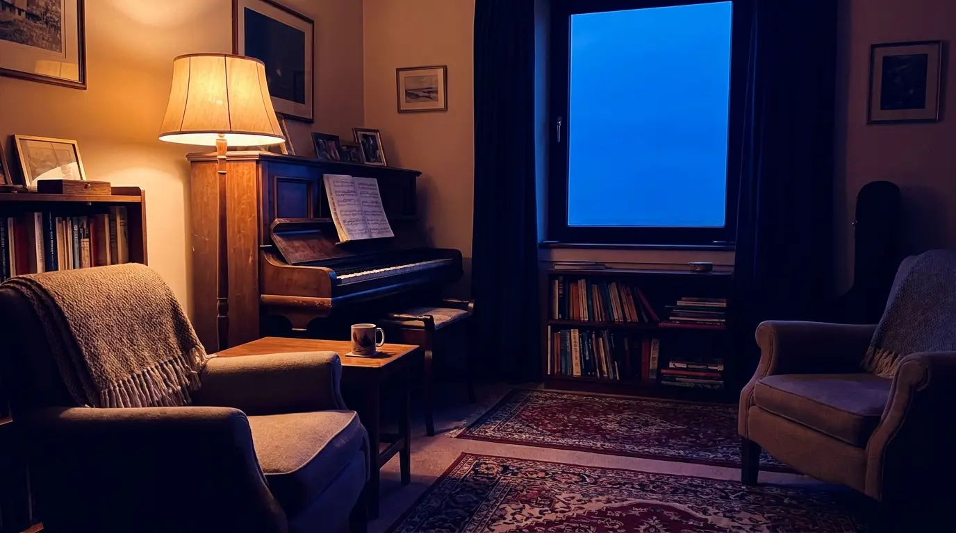 Mature hands playing the first gentle notes on a home piano in warm evening light.