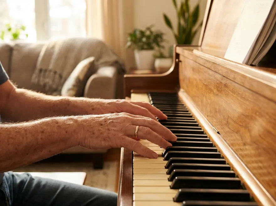 Close-up of José Silveira's hands playing chords on a home piano in warm evening light.