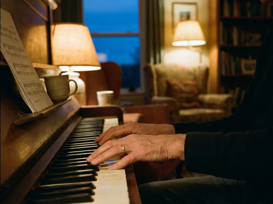A mature person looking at a home piano with quiet longing in a warm, dim living room.