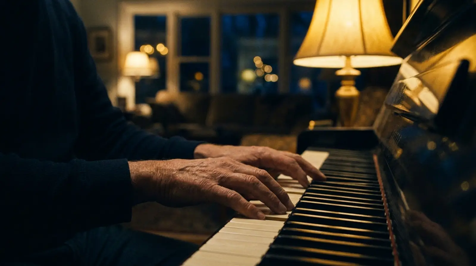 Mature hands playing a home piano in the warm, quiet light of an evening living room.