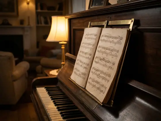Simplified sheet music open on a home piano in warm evening light.
