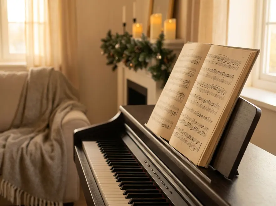 An open songbook resting on the music stand of a home piano.